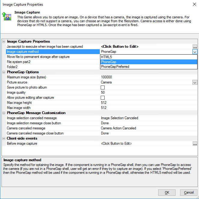 PhoneGap property settings for the Image Capture-Camera-Photo Library
